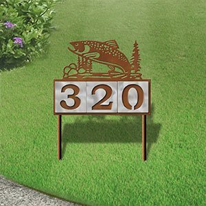 610253 - Jumping Trout in Stream Design 3-Digit Horizontal 6-inch Tile Outdoor House Numbers Yard Sign