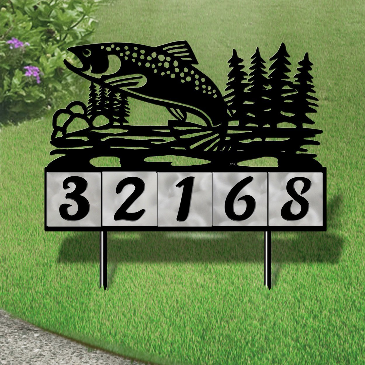 610255 - Jumping Trout in Stream Design 5-Digit Horizontal 6-inch Tile Outdoor House Numbers Yard Sign