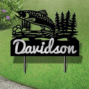 610257 - XL 31in W Jumping Trout in Stream Design Horizontal Metal Custom Text Yard Sign
