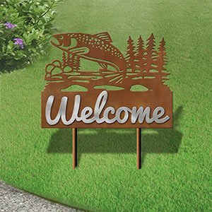 610258 - Large 25in Wide Jumping Trout in Stream Design Horizontal Metal Welcome Yard Sign