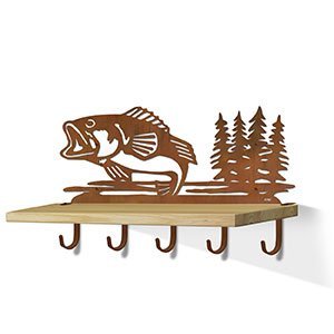 618012R - Bass Fishing with Trees Rust Large Wall Art with Hooks and 24in Wooden Shelf