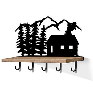 618072B - Cabin in The Woods Black Large Wall Art with Hooks and 24in Wooden Shelf