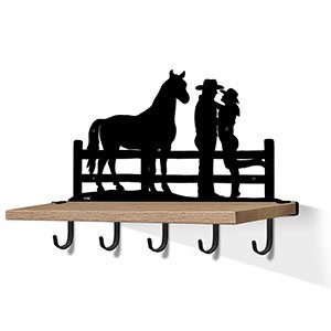 618112B - Cowboy Couple and Horse Black Large Wall Art with Hooks and 24in Wooden Shelf