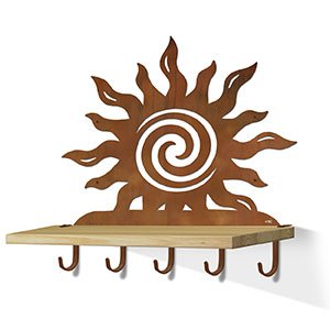 618222R - Spiral Sunset Rust Large Wall Art with Hooks and 24in Wooden Shelf