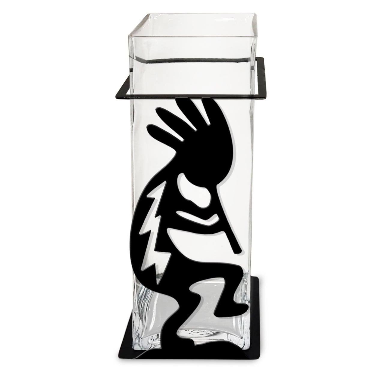 12in Tall Square Glass Vase with Dancing Kokopelli Metal Base in Satin Black - stk
