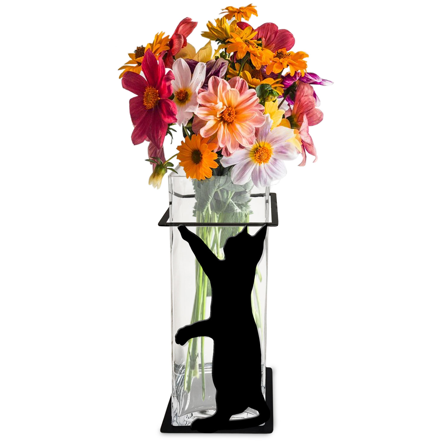 621502 - Reaching Cat 12in Tall Metal and Glass Square Vase