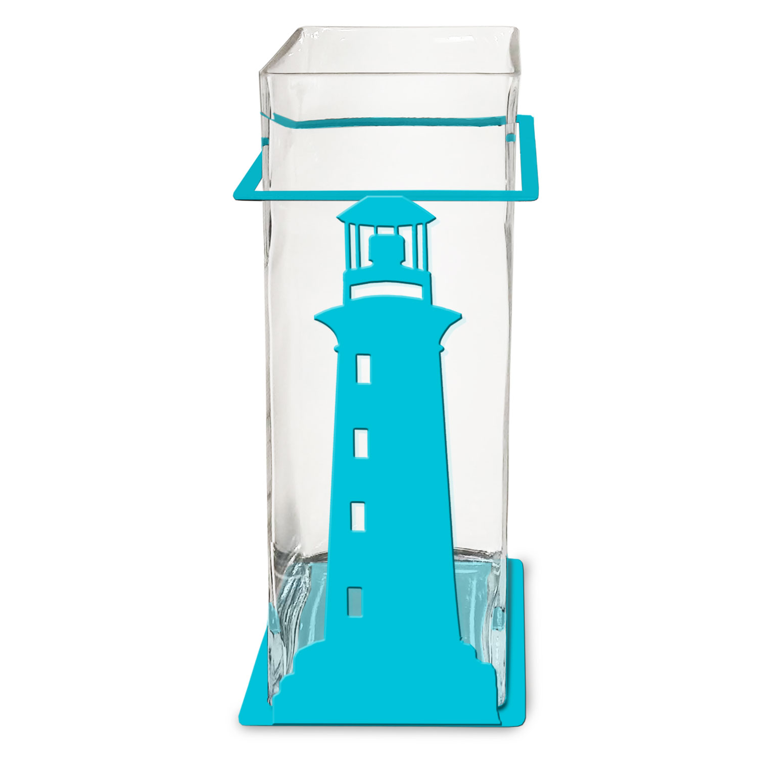 621503 - 12in Tall Square Glass Vase with Lighthouse Metal Base - Choose Color