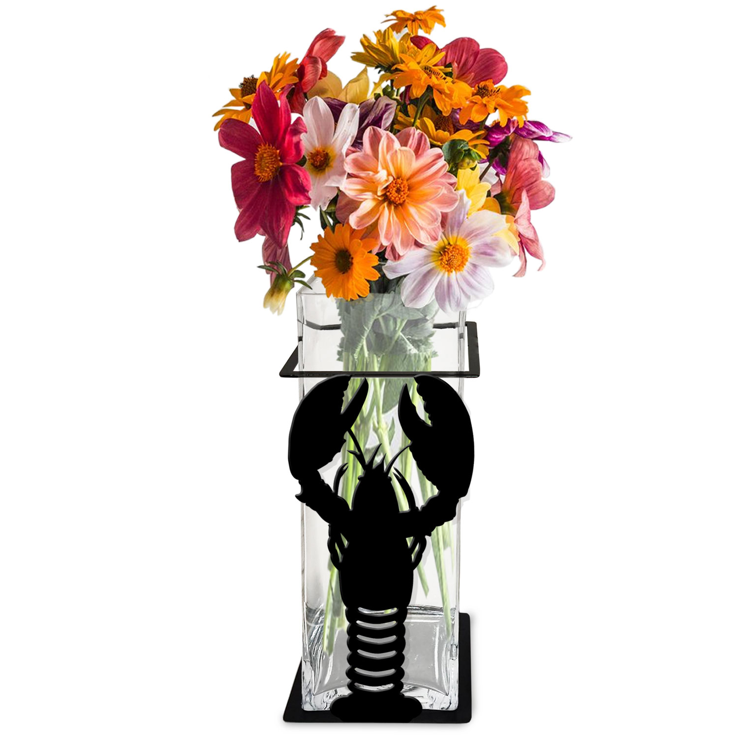 621504 - Lobster 12in Tall Metal and Glass Square Vase