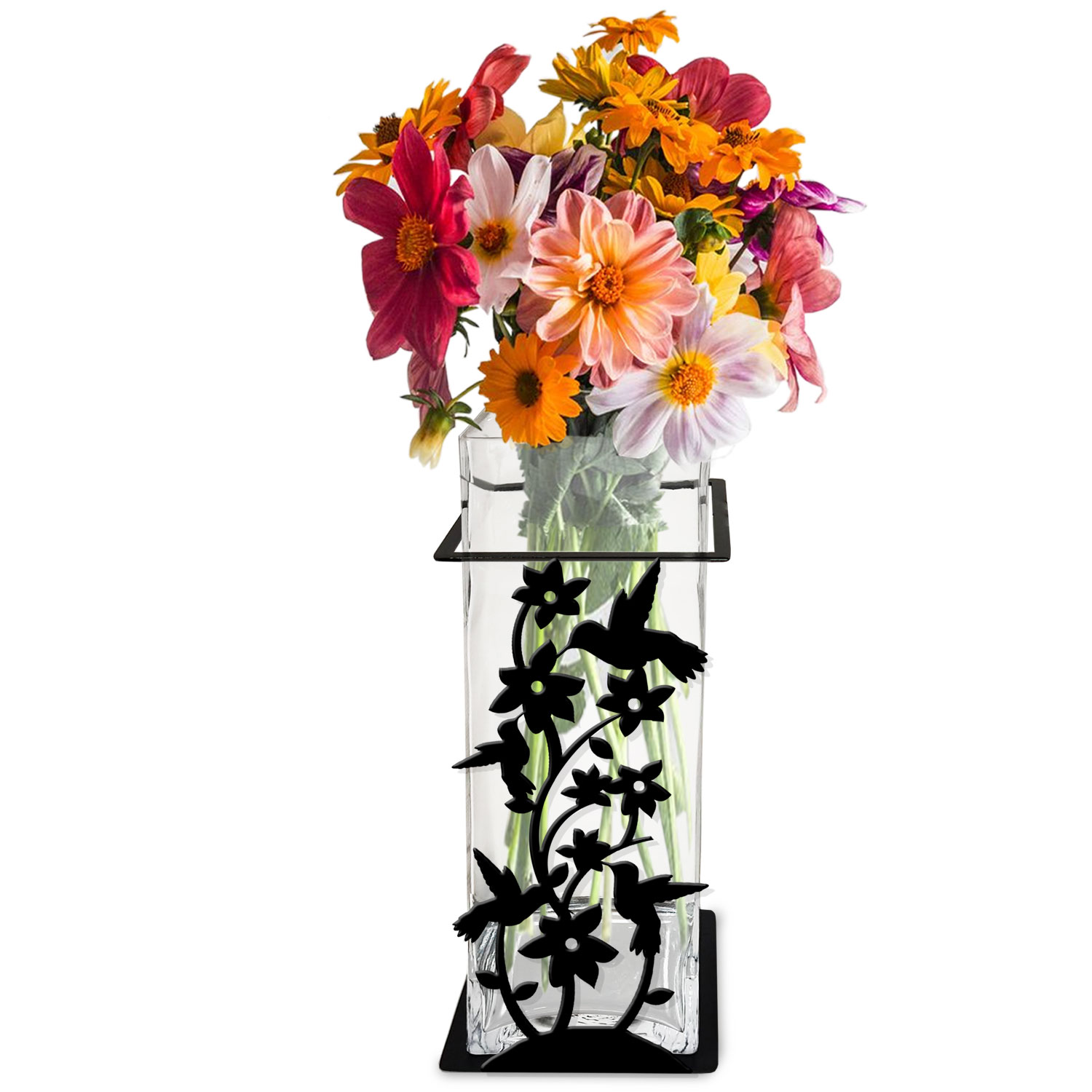 621506 - Hummingbirds 12in Tall Metal and Glass Square Vase