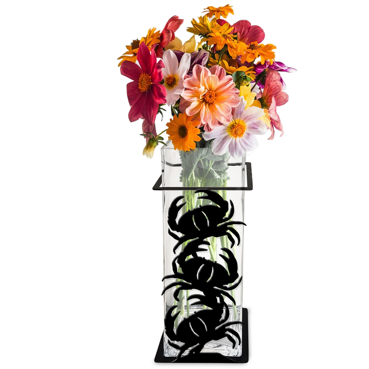 621508 - Crabs 12in Tall Metal and Glass Square Vase