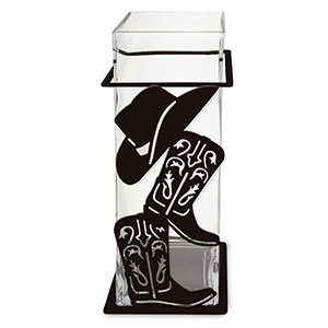 621509 - Boots and Hat 12in Tall Metal and Glass Square Vase