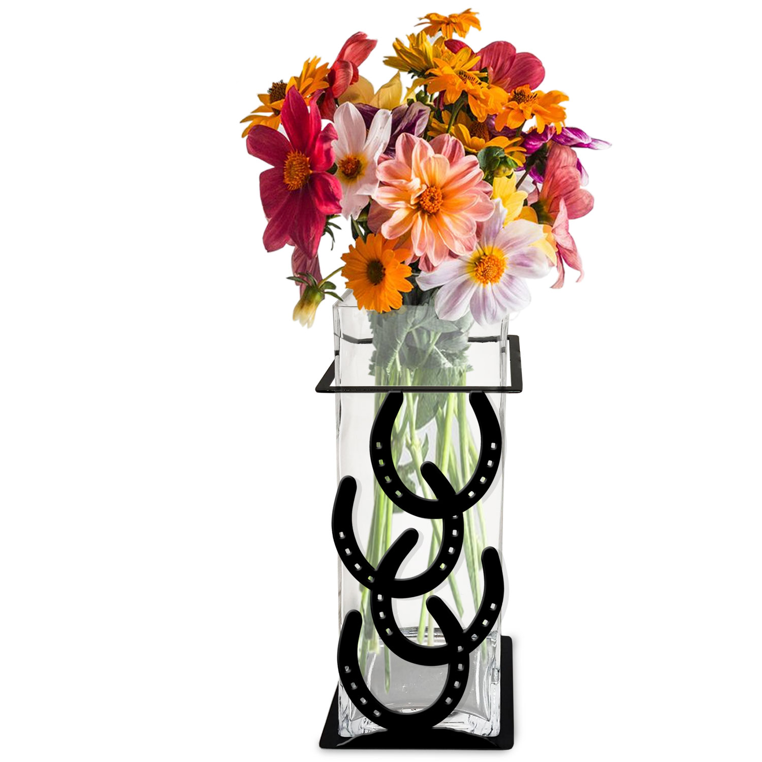 621510 - Horseshoes 12in Tall Metal and Glass Square Vase