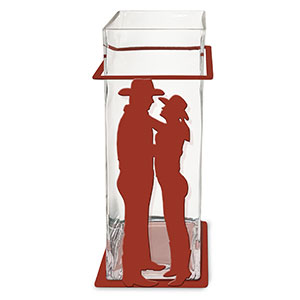 621513 - Cowboy Lovers 12in Tall Metal and Glass Square Vase