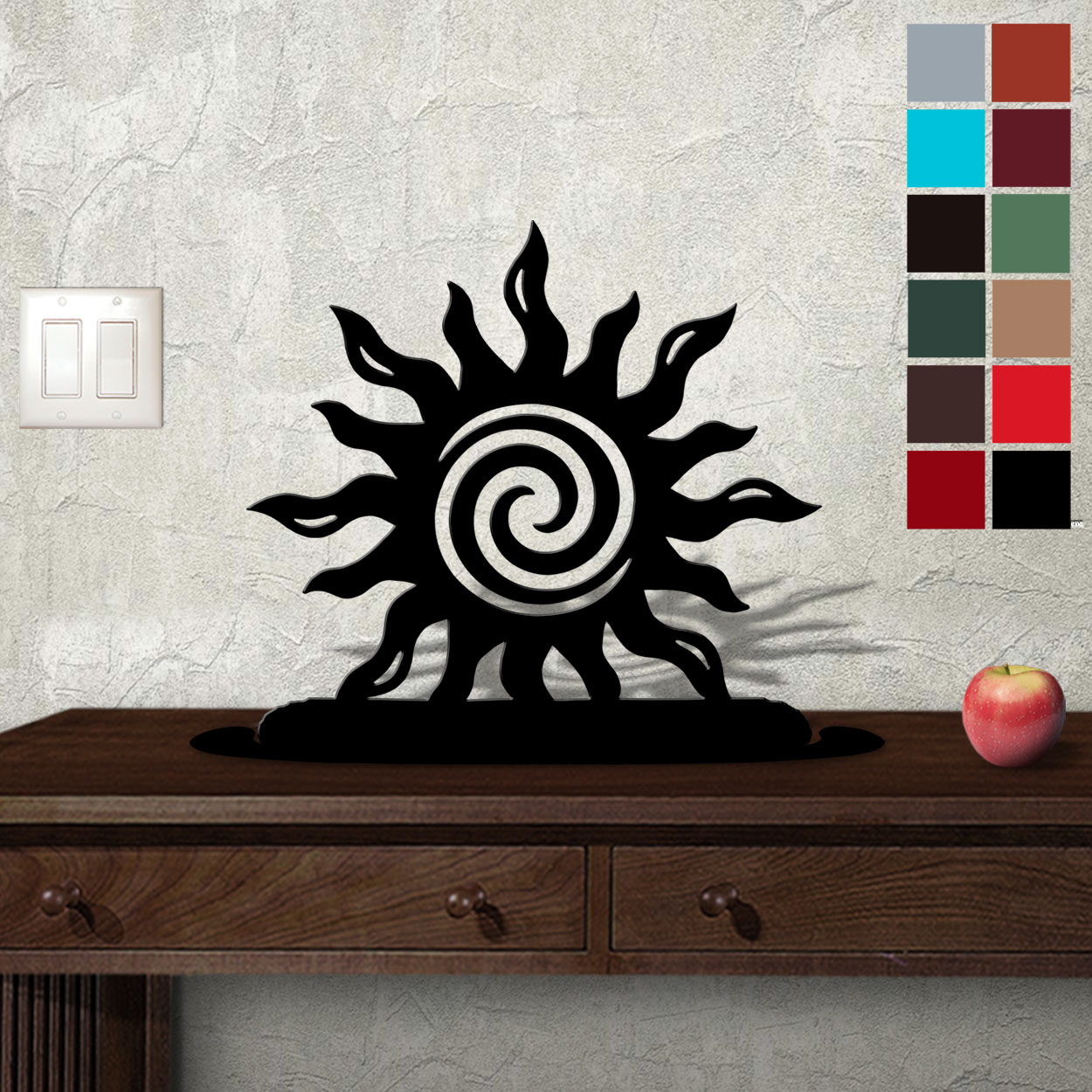 623039 - Tabletop Metal Sculpture - 18in W x 17in H - Spiral Sun - Choose Color