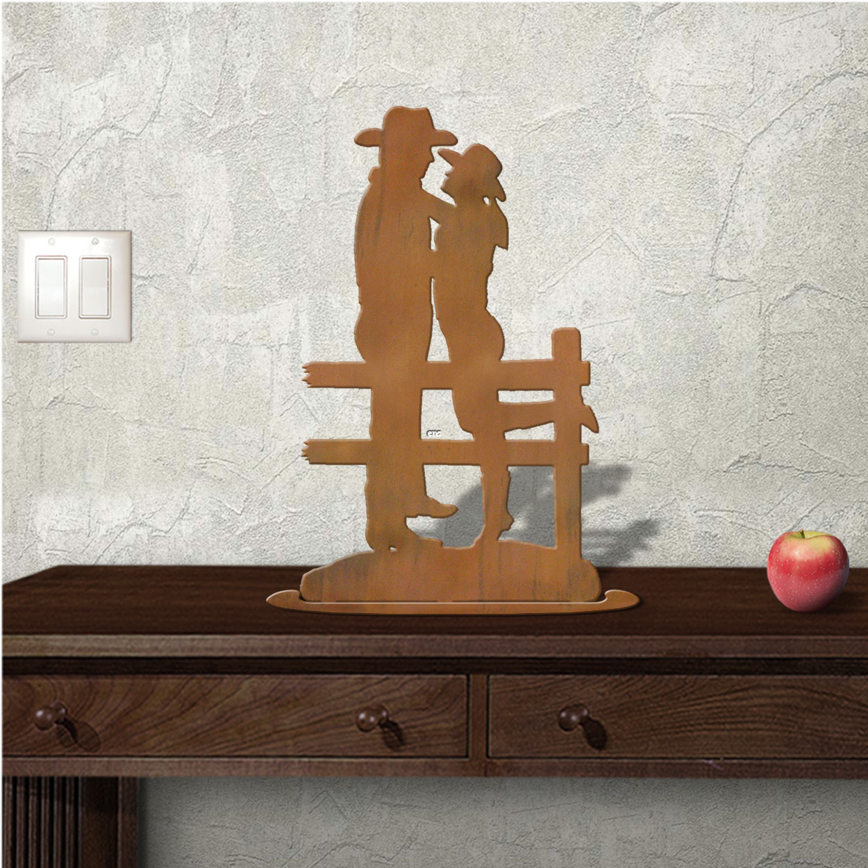 623404r - Tabletop Metal Sculpture - 11in W x 18in H - Cowboy Lovers - Rust Patina