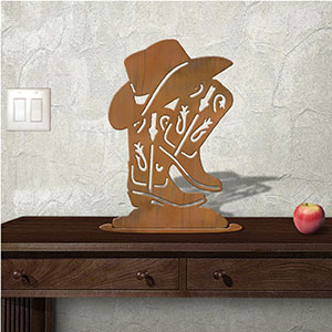 623406r - Tabletop Art - 12in x 18in - Boots Hat - Rust Patina