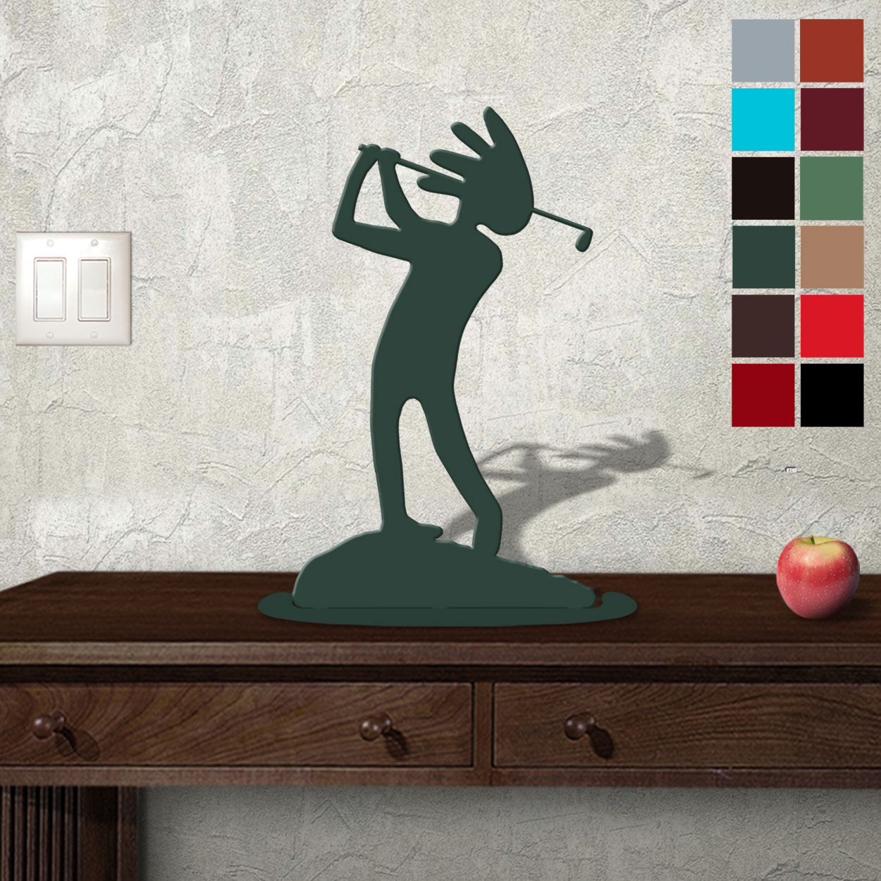 623414 - Tabletop Metal Sculpture - 11in W x 18in H - Kokopelli Golfer - Choose Color