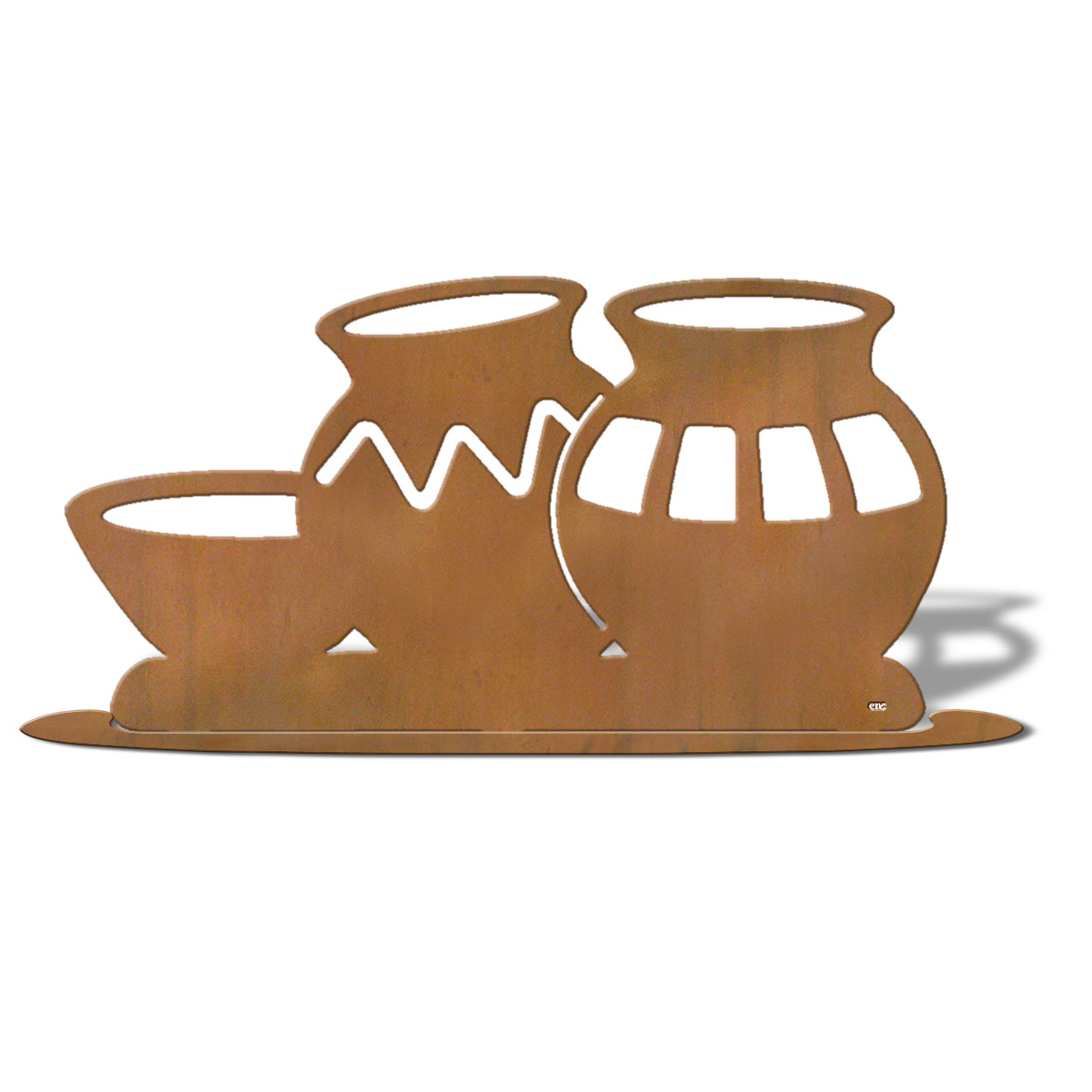 623452r - Tabletop Art - 18in x 10in - Three Pots - Rust Patina