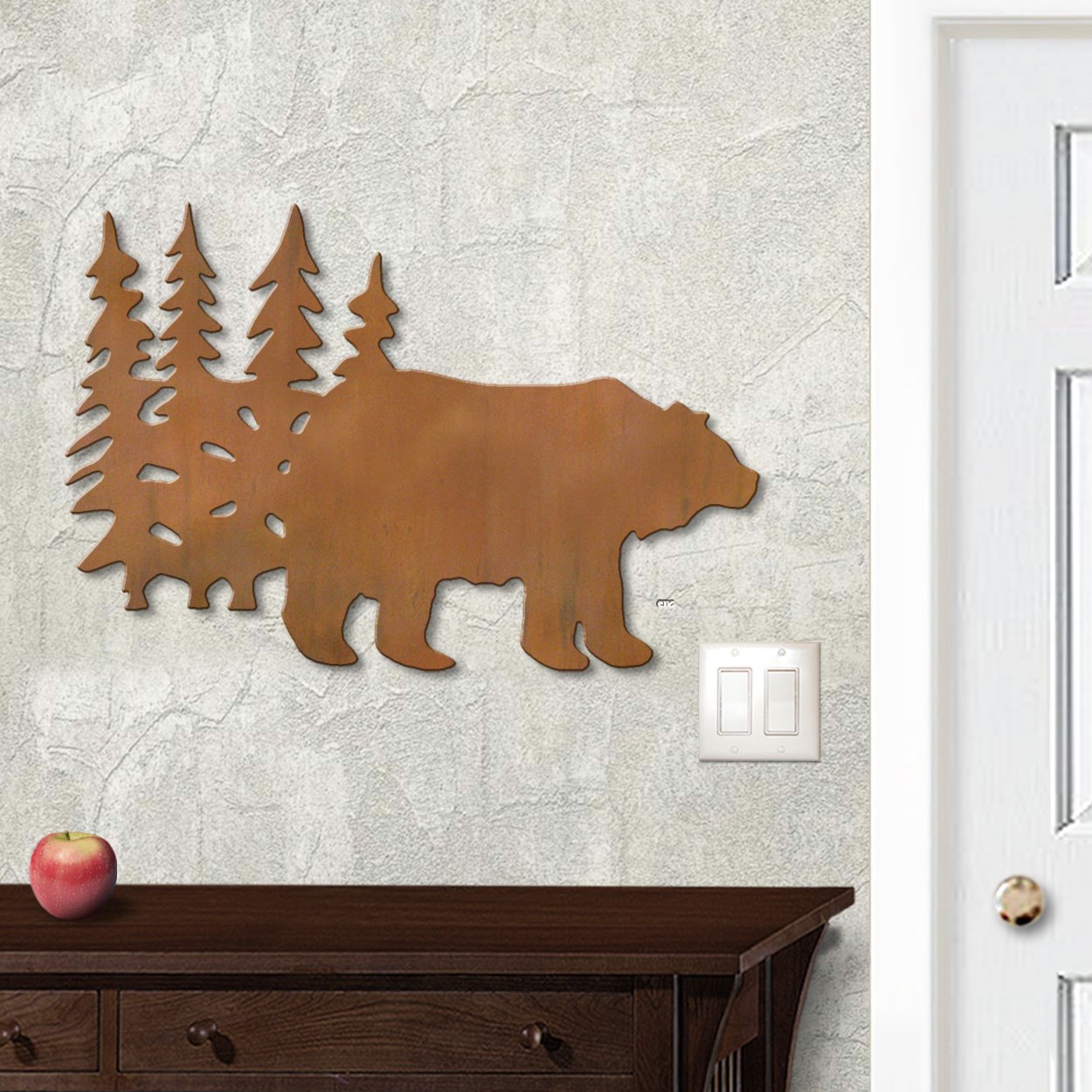 625004r - 18in or 24in Floating Metal Wall Art - Bear And Trees - Rust Patina