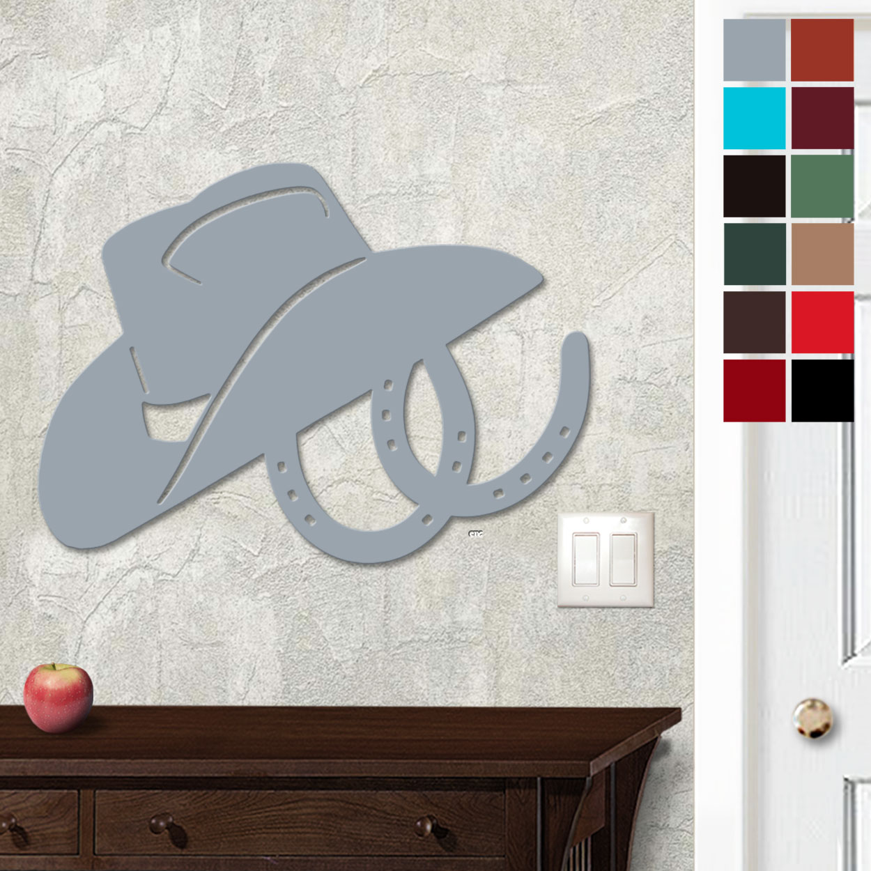 625016 - 18in or 24in Floating Metal Wall Art - Hat And Horseshoes - Choose Color