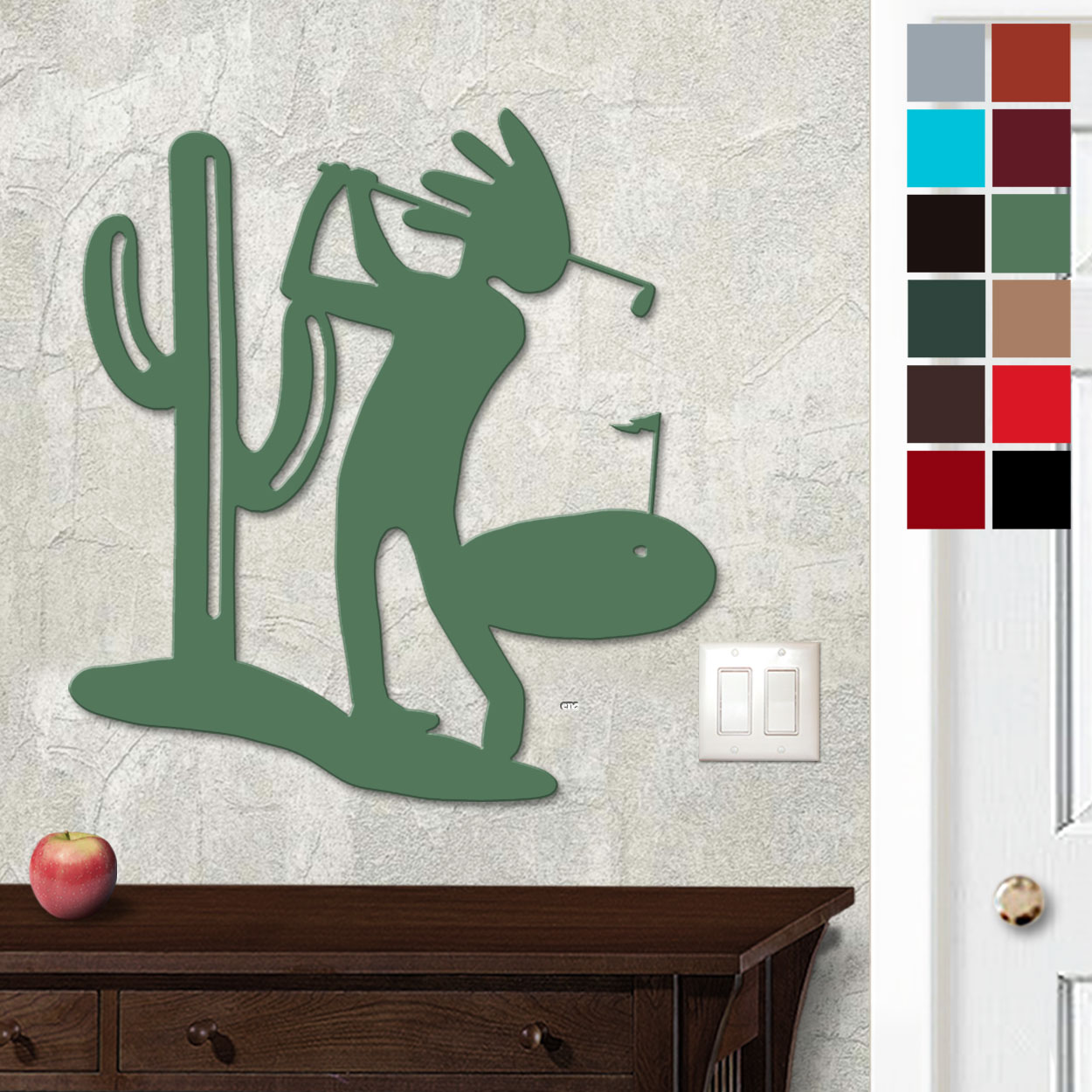 625019 - 18in or 24in Floating Metal Wall Art - Kokopelli Cactus Golfer - Choose Color