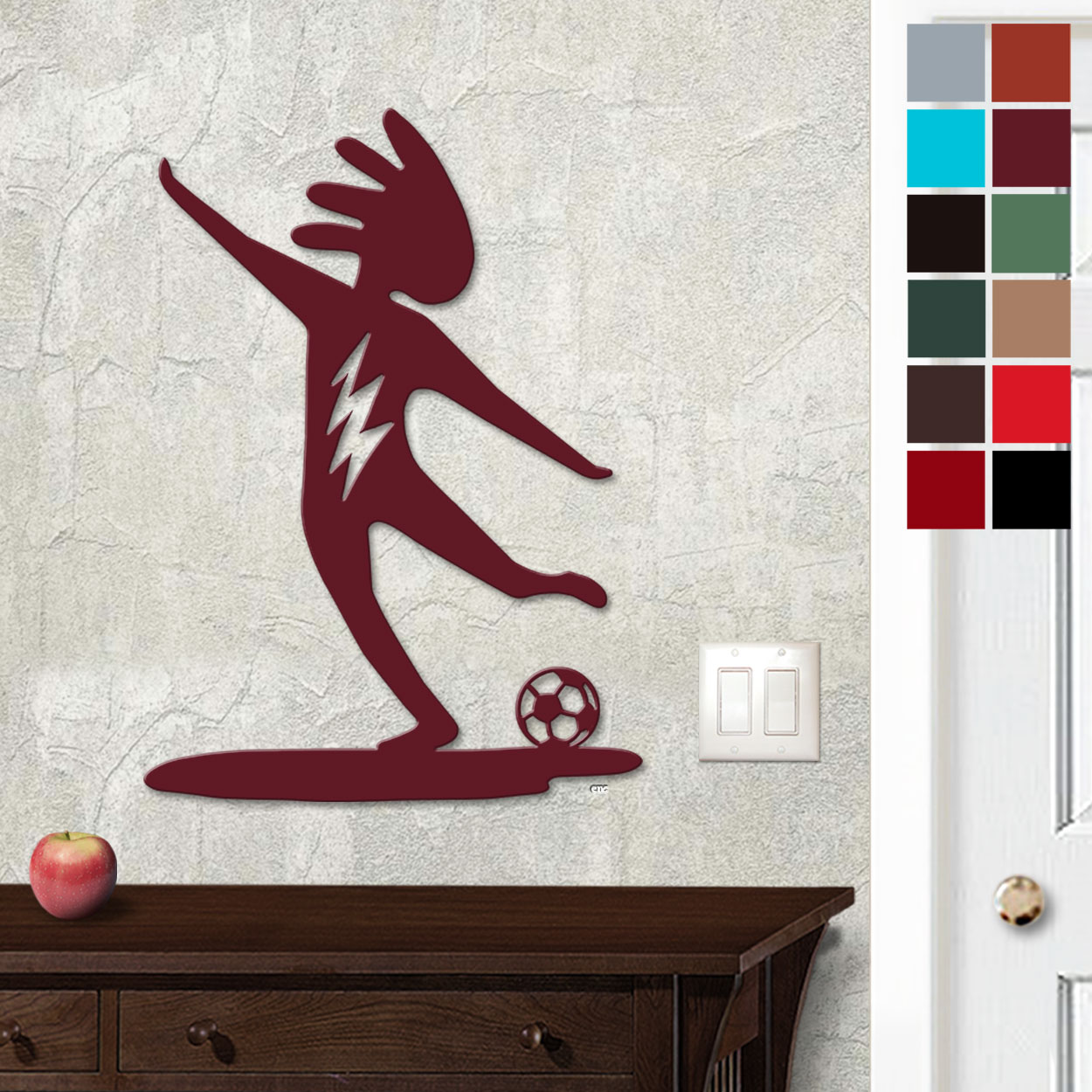 625028 - 18in or 24in Floating Metal Wall Art - Kokopelli Soccer - Choose Color