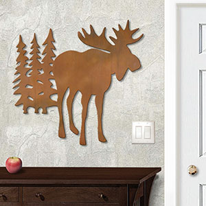 625035r - 18 or 24in Metal Wall Art - Moose And Trees - Rust Patina