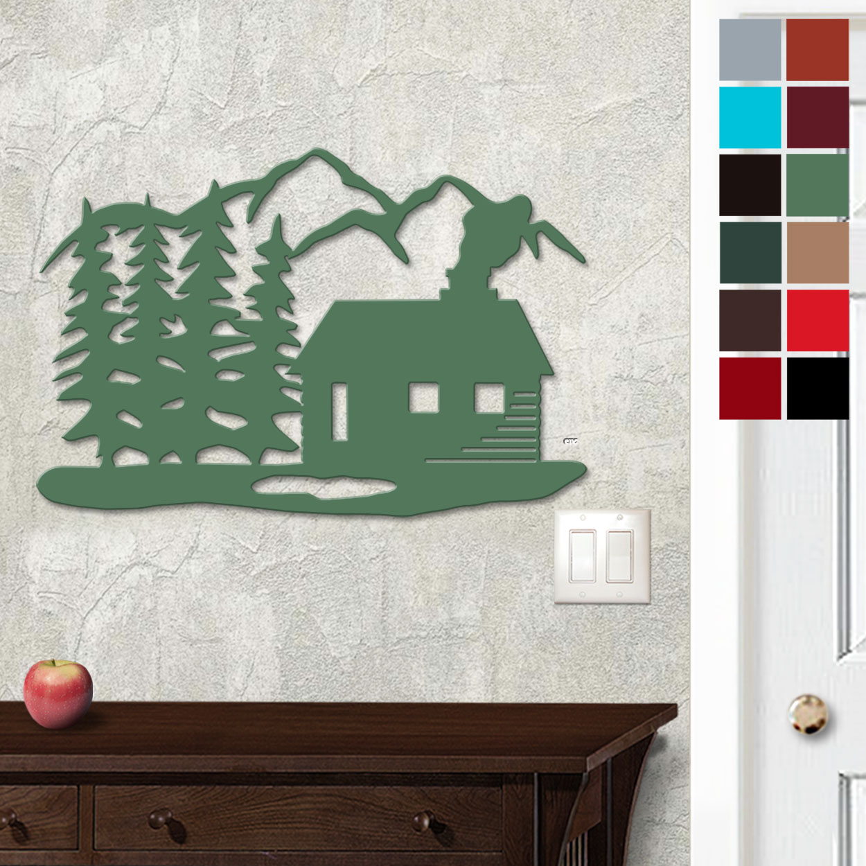 625036 - 18in or 24in Floating Metal Wall Art - Mountain Cabin - Choose Color