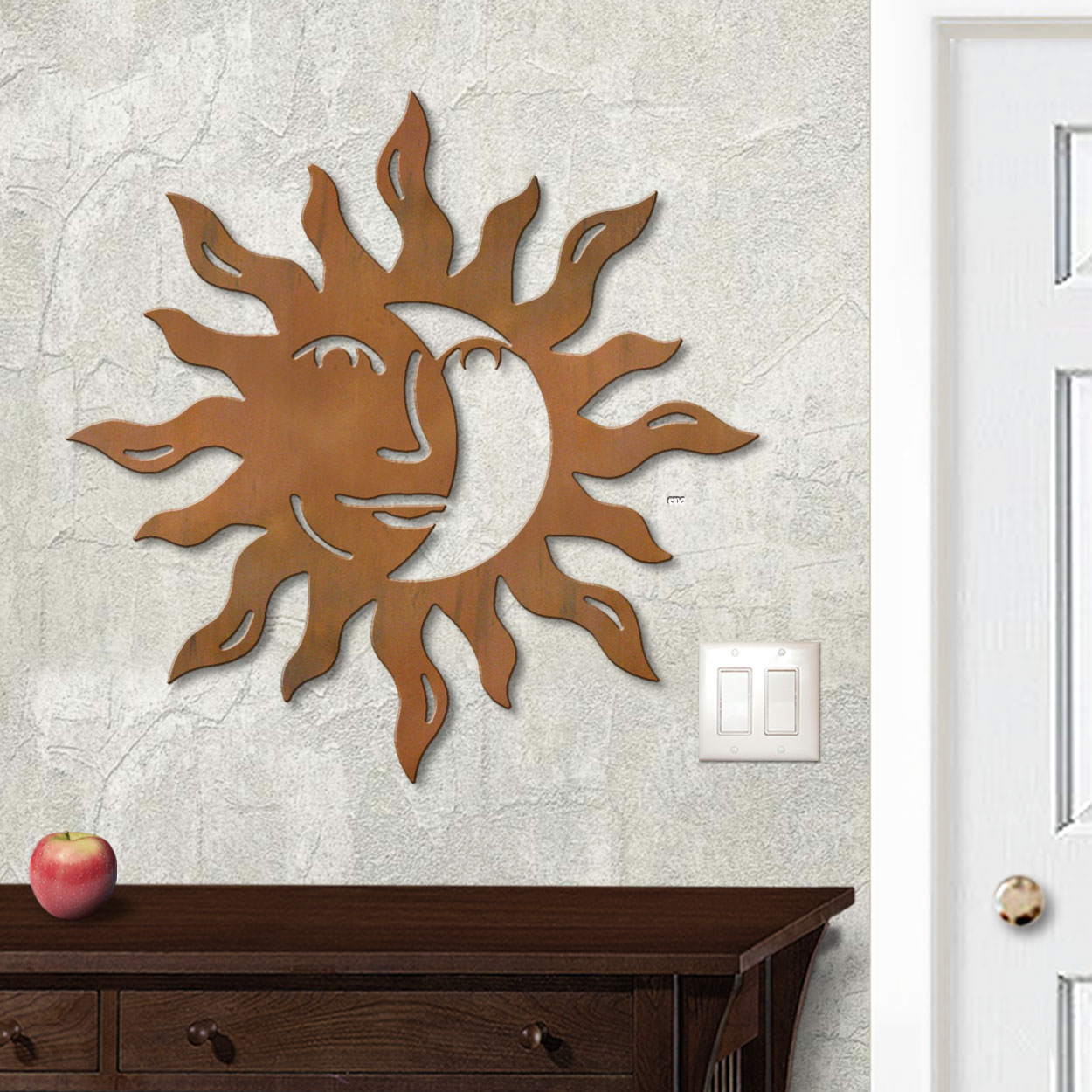 625040r - 18in or 24in Floating Metal Wall Art - Sunface Eclipse - Rust Patina