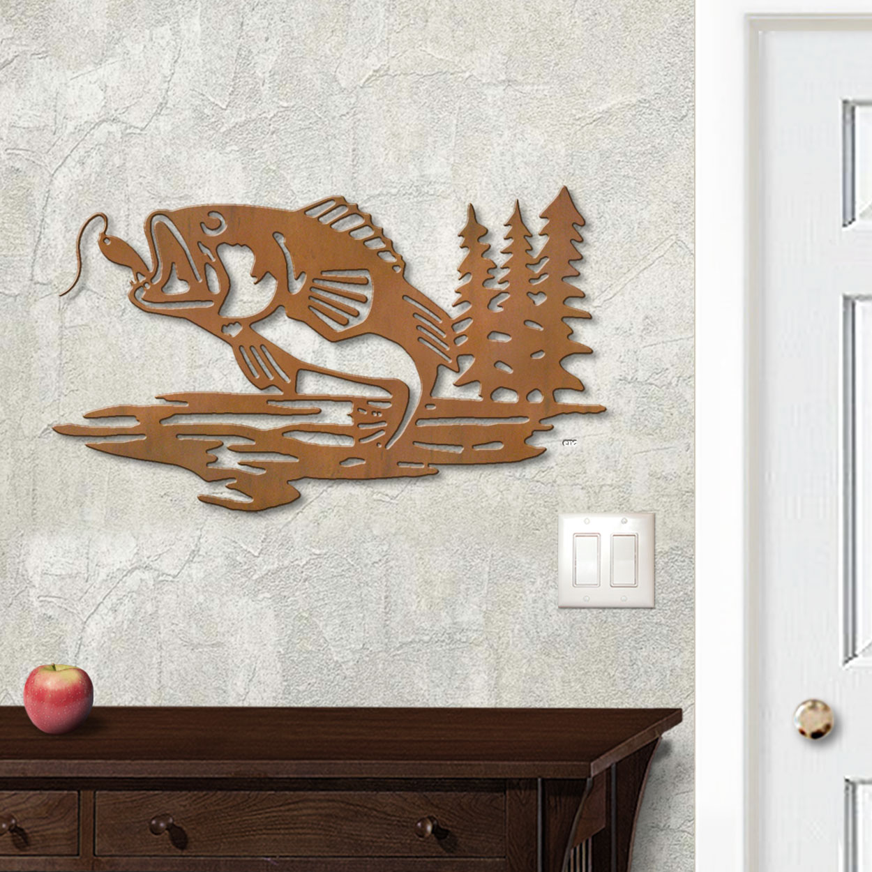 625041r - 18in or 24in Floating Metal Wall Art - Bass And Trees - Rust Patina
