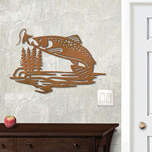 625042r - 18 or 24in Metal Wall Art - Trout Scene - Rust Patina