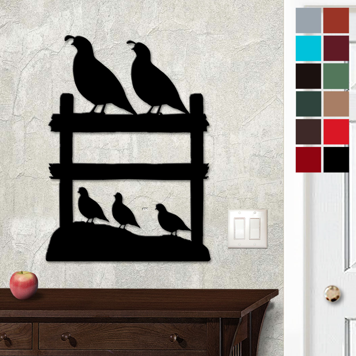 625417 - 18in or 24in Floating Metal Wall Art - Quail Fence - Choose Color