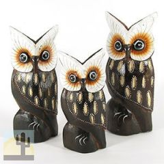 140038 - Set of Three 4-8in Owls Painted Rustic Wood Folk Art Carvings - Pointy White