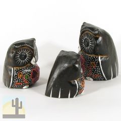 140040 - Set of Three 2-4in Owls Painted Rustic Wood Folk Art Carvings - Purple Flowers