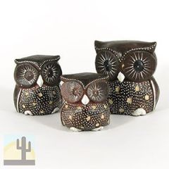 140042 - Set of Three 2-4in Owls Painted Rustic Wood Folk Art Carvings - Etched Dots