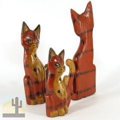 140043 - Set of Three 6-10in Cats Painted Rustic Wood Folk Art Carvings - Red