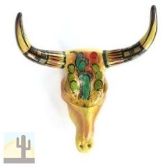 161170 - 17in Painted Ceramic Cow Skull - Cactus Scene