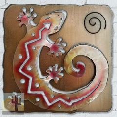 165321 - 13-inch small C-Shaped Gecko Panel 3D Metal Wall Art in a vibrant sunset swirl finish