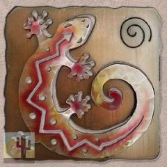 165324 - 34-inch extra large C-Shaped Gecko Panel 3D Metal Wall Art in a vibrant sunset swirl finish