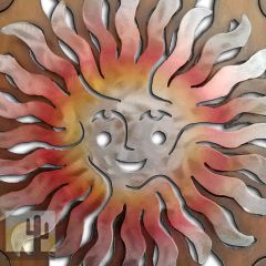 165381 - 13-inch small Sprite Sun Face Panel 3D Metal Wall Art in a vibrant sunset swirl finish