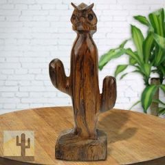 172189 - 11in Tall Cactus with Owl Ironwood Carving