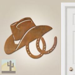 601016 - 36in Horizontal Cowboy Hat and Horseshoes Lg Rustic Metal Wall Decor