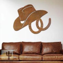 602016 - 44in Horizontal Cowboy Hat and Horseshoes XL Rustic Metal Wall Decor