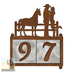 607112 - Cowboy Couple with Horse Design 2-Digit Horizontal 4-inch Tile Outdoor House Numbers