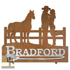 609117 - 31in W Cowboy Couple with Horse Design Horizontal Metal Custom Text Wall Sign