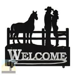 609118 - 25in W Cowboy Couple with Horse Design Horizontal Metal Welcome Wall Sign
