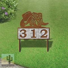 610033 - Cowboy Hat and Boots Design 3-Digit Horizontal 6-inch Tile Outdoor House Numbers Yard Sign