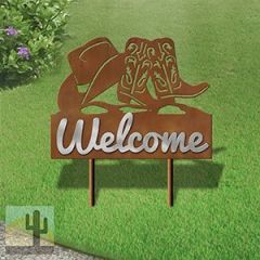 610038 - Large 25in Wide Cowboy Hat and Boots Design Horizontal Metal Welcome Yard Sign