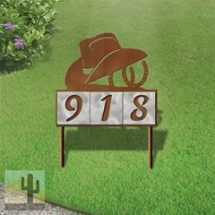 610043 - Cowboy Hat and Horseshoes Design 3-Digit Horizontal 6-inch Tile Outdoor House Numbers Yard Sign