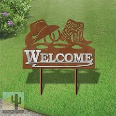 610048 - Large 25in Wide Cowboy Boots with Hat and Horseshoes Design Horizontal Metal Welcome Yard Sign